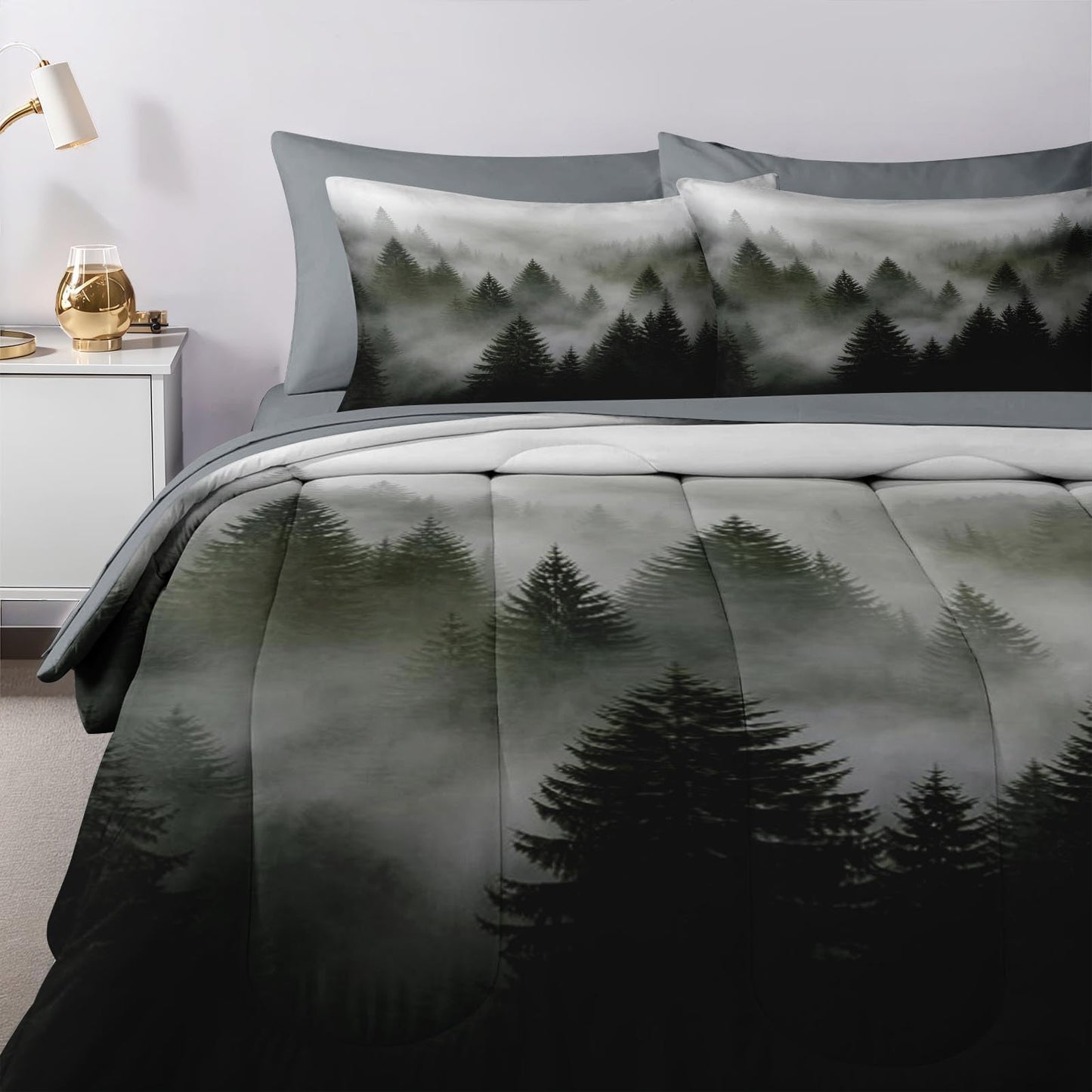 Nesker Comforter Set Full Size, Tree Mountain Forest 7 Pcs Bedding for Kids and Adults, Wood Fog Pine Bed Sheet Sets with Fitted Sheet 2 Pillowcases & 2 Shams
