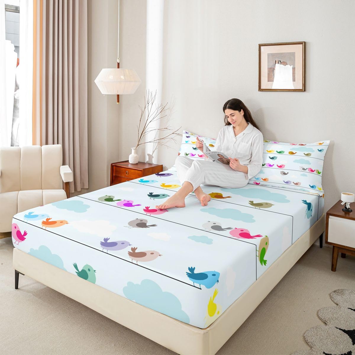Erosebridal Kids Bird Bedding Sets King Size,Boys Girls Cute Cartoon Animals Bed Sheet Set Colorful Lovely Birds Sheet Set,Blue Sky White Clouds Fitted Sheet + Flat Sheet + 1 Pillow Case
