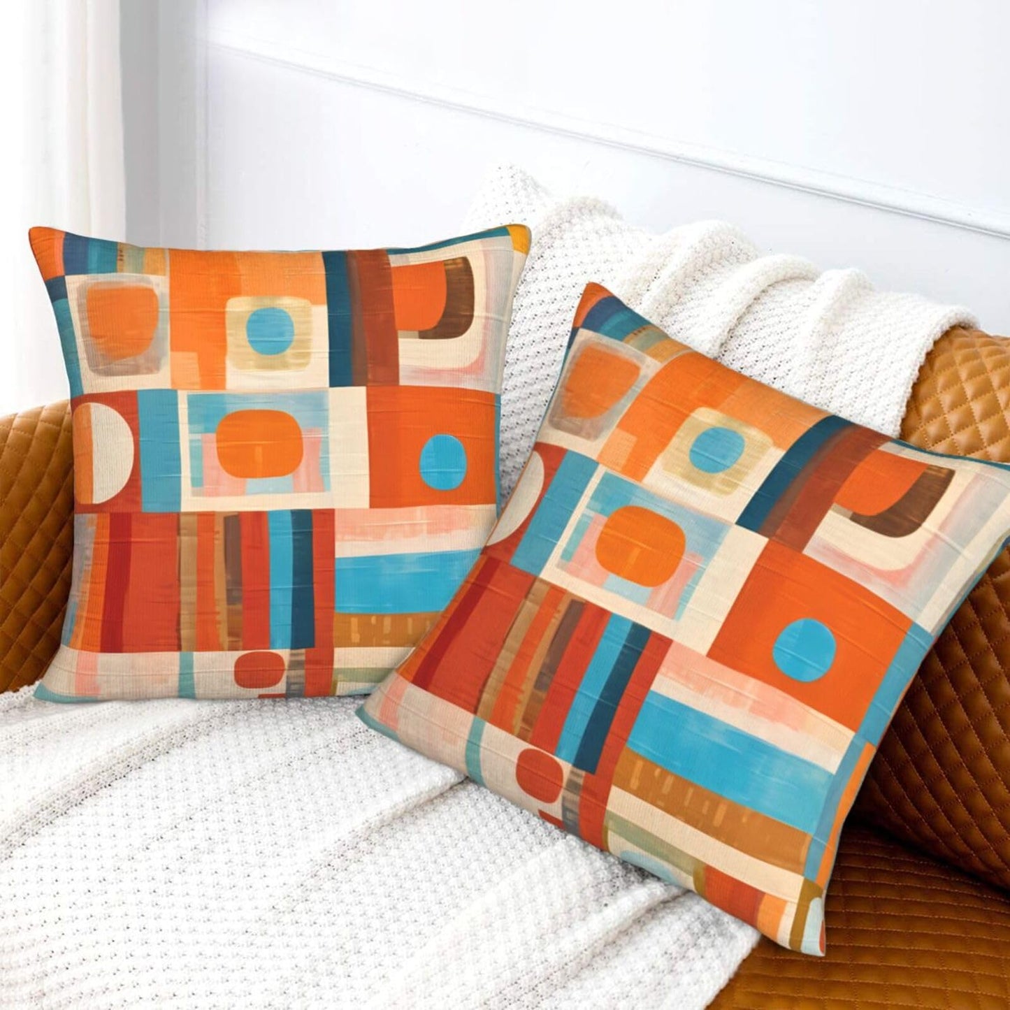 Yopiiefa Blue and White Blocks Throw Pillow Covers Orange Decorative Boho Mid Century Pillow Cases 18x18 Set of 2 Modern Pillowcase Outdoor Cushion Cover for Home Couch Sofa