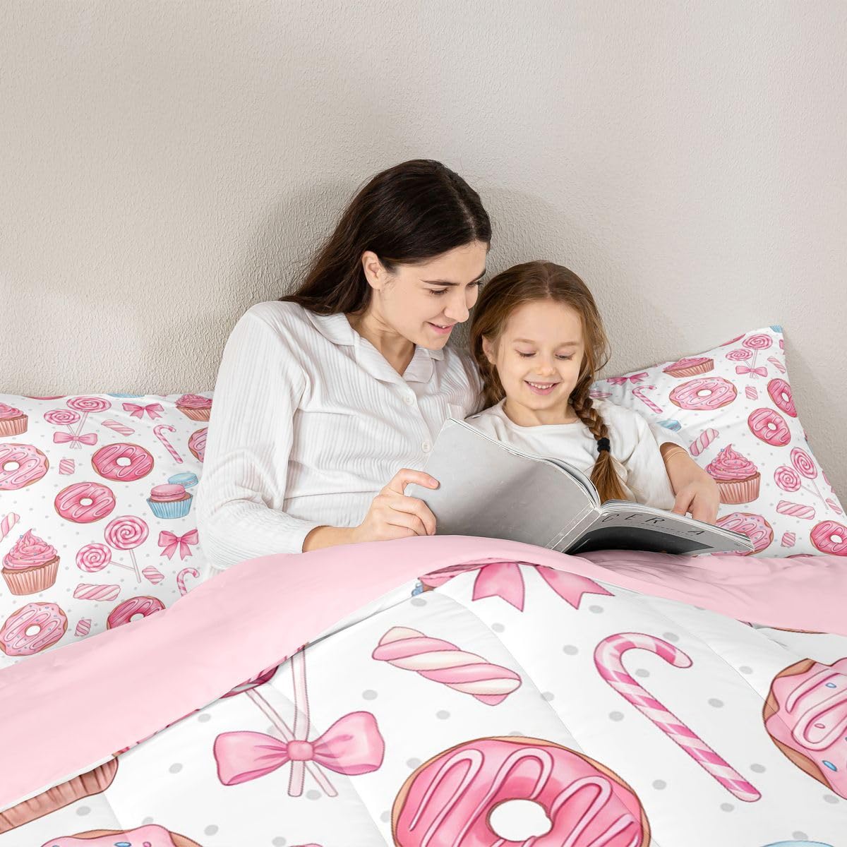 Manfei Pink Doughnut Bows Comforter Set 2Pcs Cartoon Lollipop Candy Twin Size Bedding Set Dreamy Girly Dessert Duvet Insert for Kids Girls Adult Room Decor(1 Comforter,1 Pillowcase) Chocolate Donut