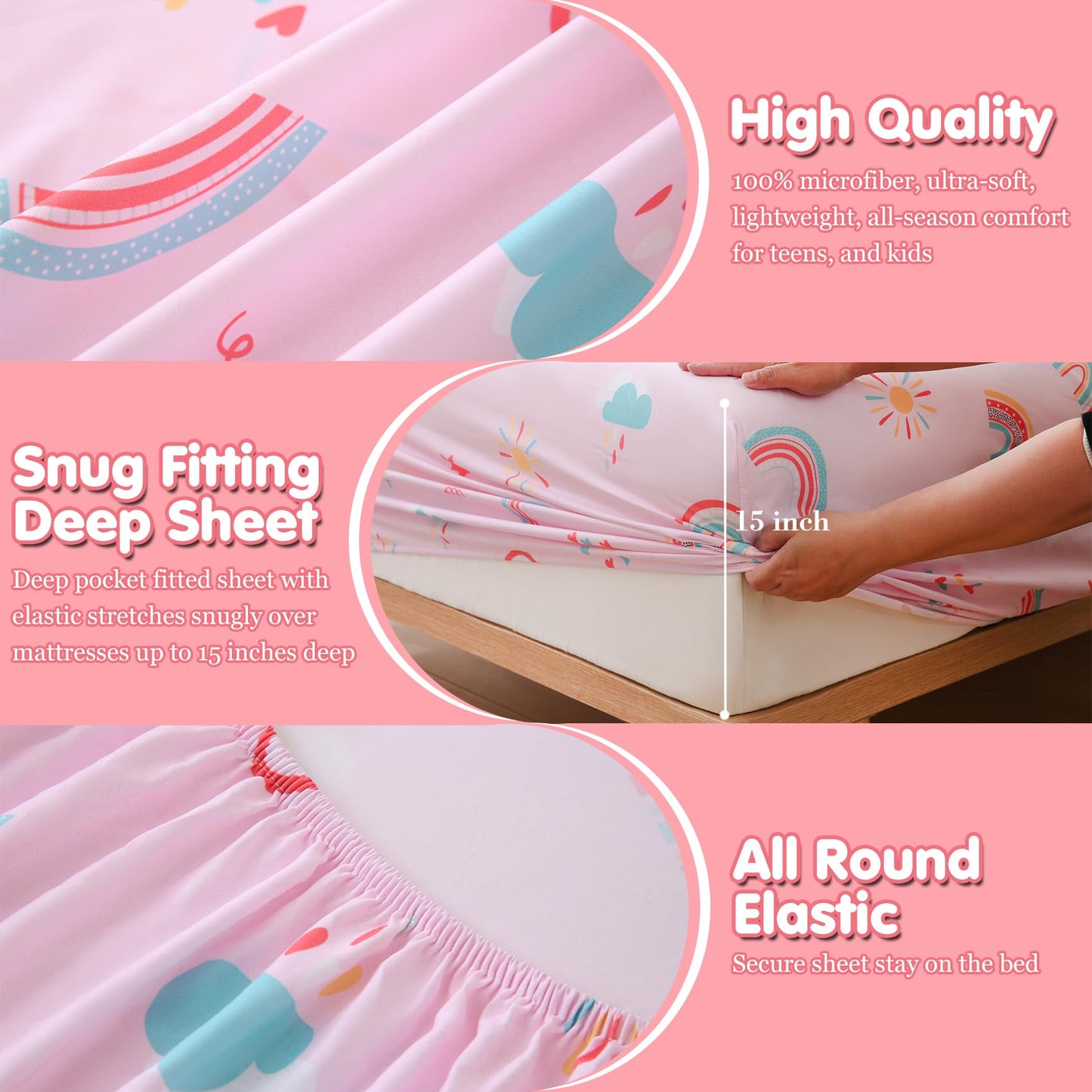 CIMVI Girls Twin Sheet Set Rainbow - 3 Piece Bed Sheet for Kids with Pillowcase 15-Inch Deep Pocket Fitted Sheet Soft Breathable Microfiber Bedding Sheets Fade Resistant Children Room Decor