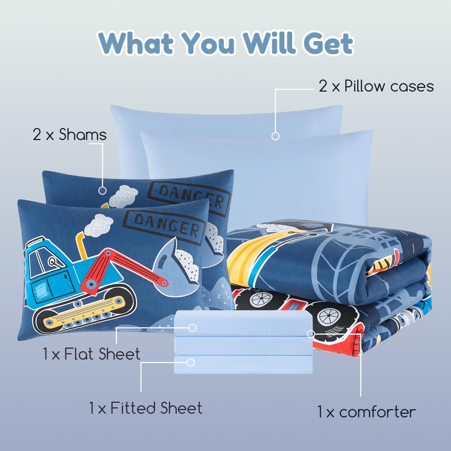 Wink Deer Full Size Comforter Set for Boys-7 Pieces Truck Tractor Excavator Glow in the Dark Full Bedding Sets for Kids, Ultra Soft Bed in A Bag with Sheets