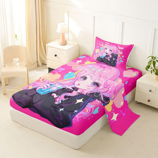 Preppy Girls Sheet Set Twin Kawaii Japanese Girl Drinking Water Bed Sheets Set Coquette Girl With Colorful Curly Hair Sheets For Boys Girls Pink Anime Gifts Flat Fitted Sheet With 1 Pillow Case