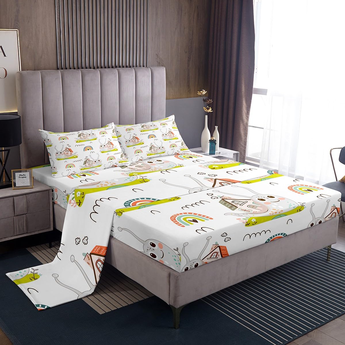Homewish Cute Snail Bedding Set Twin Size Cartoon Rainbow Bed Sheet 3Pcs for Kids Girls Boys Teens Room Decor,Nature Spring Animals Fitted Sheet Pink Green Stripes Top Flat Sheet,1 Pillowcase