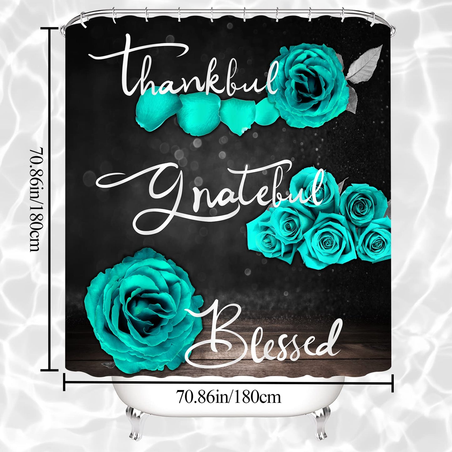 4Pcs Teal Rose Shower Curtain Set, Thankful Grateful Blessed Turquoise Bathtub Curtain with Non-Slip Rug, Toilet Lid Cover, Bath Mat and 12 Hooks, Romantic Green Floral Bathroom Decor, 72 x 72 inch