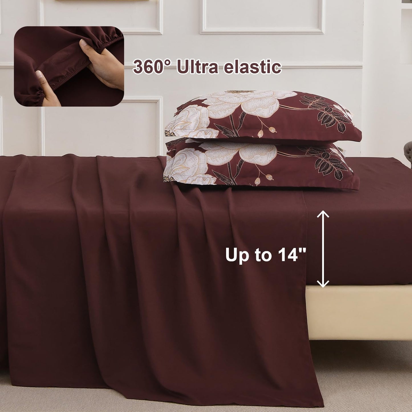Luxudecor Burgundy Floral Queen Comforter Set 7 Pieces Bed in a Bag,Beige Flower Print on Burgundy Bedding Set,Soft Reversible Comforter with Sheets 90"x90"