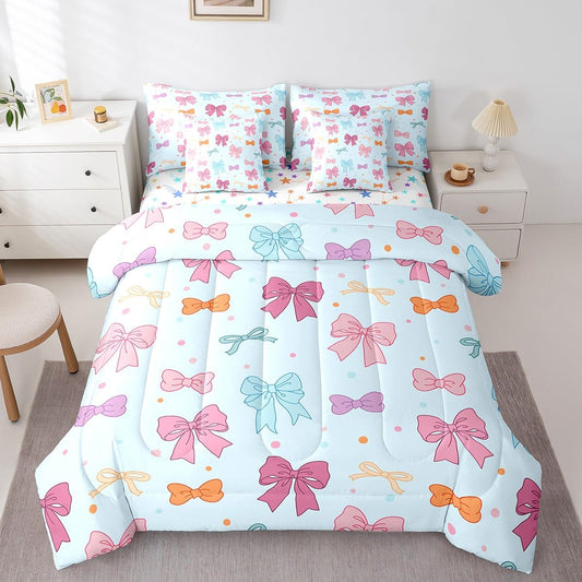 Erosebridal Blue Bow Kids Bedding Sets for Girls 7 Pieces Cute Girly Bow Bed in A Bag Princess Style Coquette Comforter Set Comforter Set with Sheets Multicolor Bowknot Teen Girl Bedroom Decor