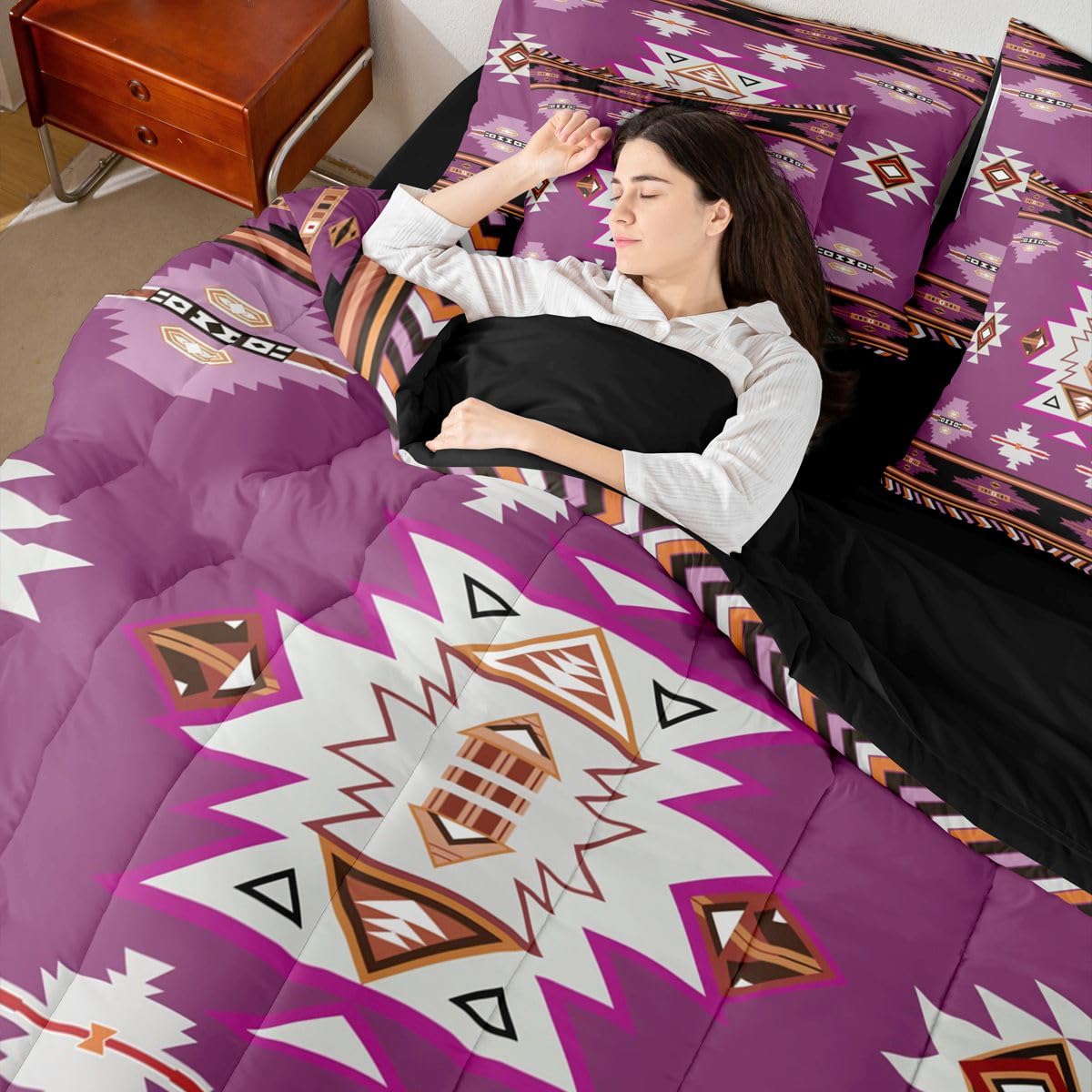 Erosebridal Western Comforter Set 7 Piece Bed in a Bag Twin | Bohemian Decor Geometric Bedding Sets Boho Aztec Comforter and Sheet Set, Ethnic Tribal Arrow Bed Sets,Purple