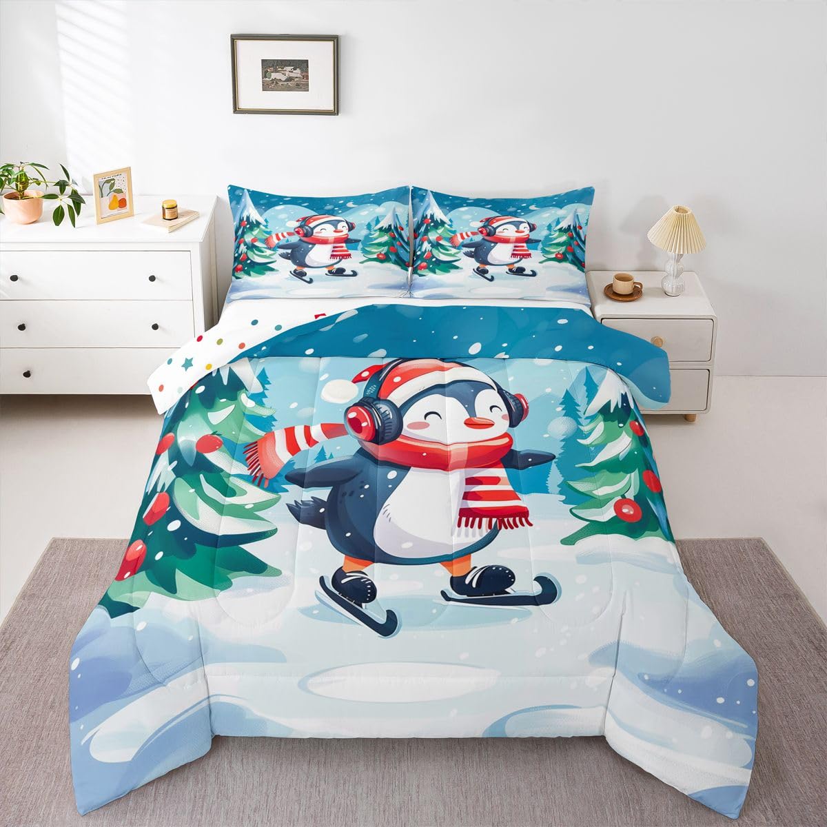 Erosebridal Cute Penguin Kids Comforter Sets Skating Penguin Queen Bedding Set for Boys Girls Antarctic Animal Sports Comforter Set,Winter Snowy Forest Quilt Duvet 3 Pcs