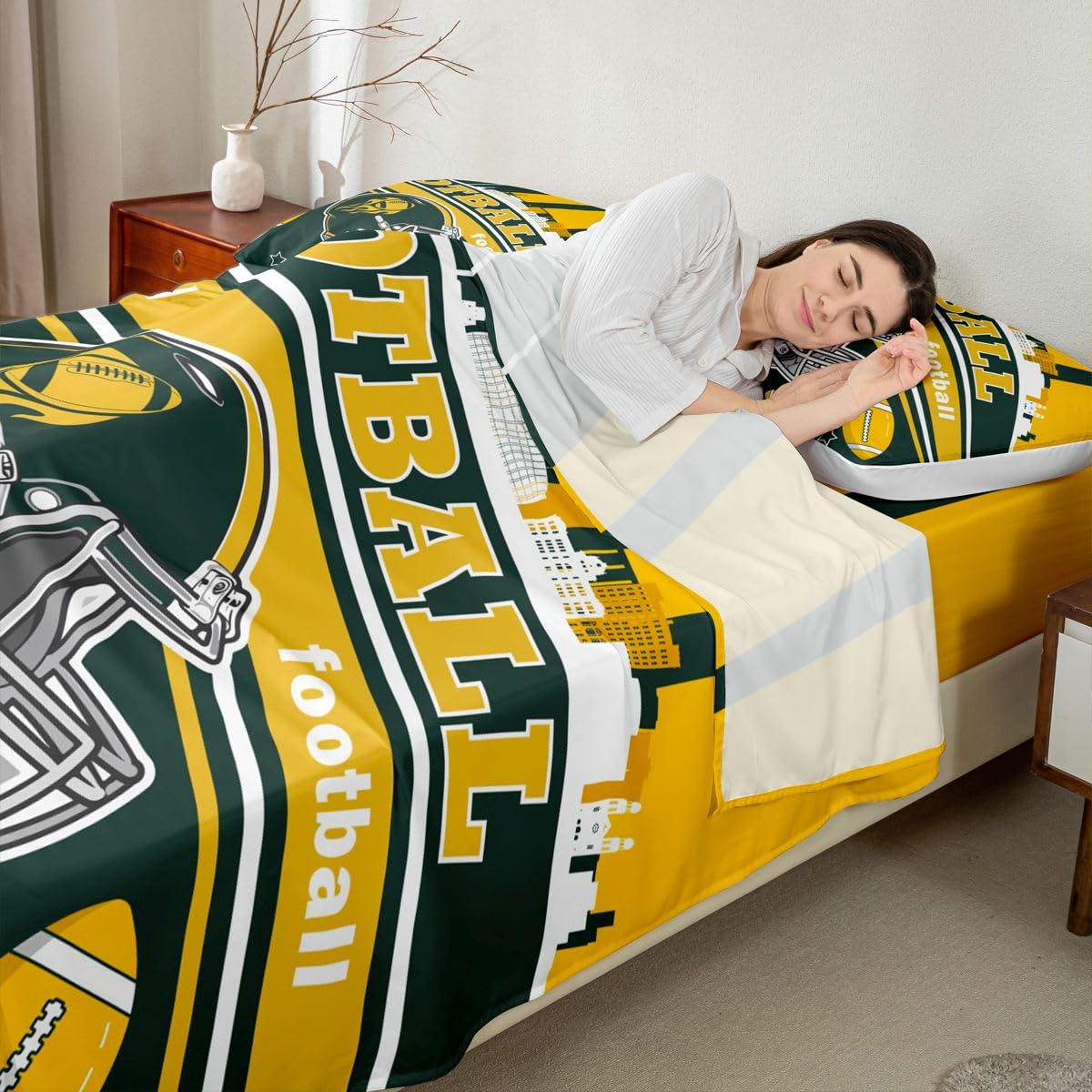 Feelyou Football Bed Sheets Set Boys Teens Twin Size Women Men Rugby Sports Bedding Set Football City Fitted Sheet with 16 Inch Deep Pockets