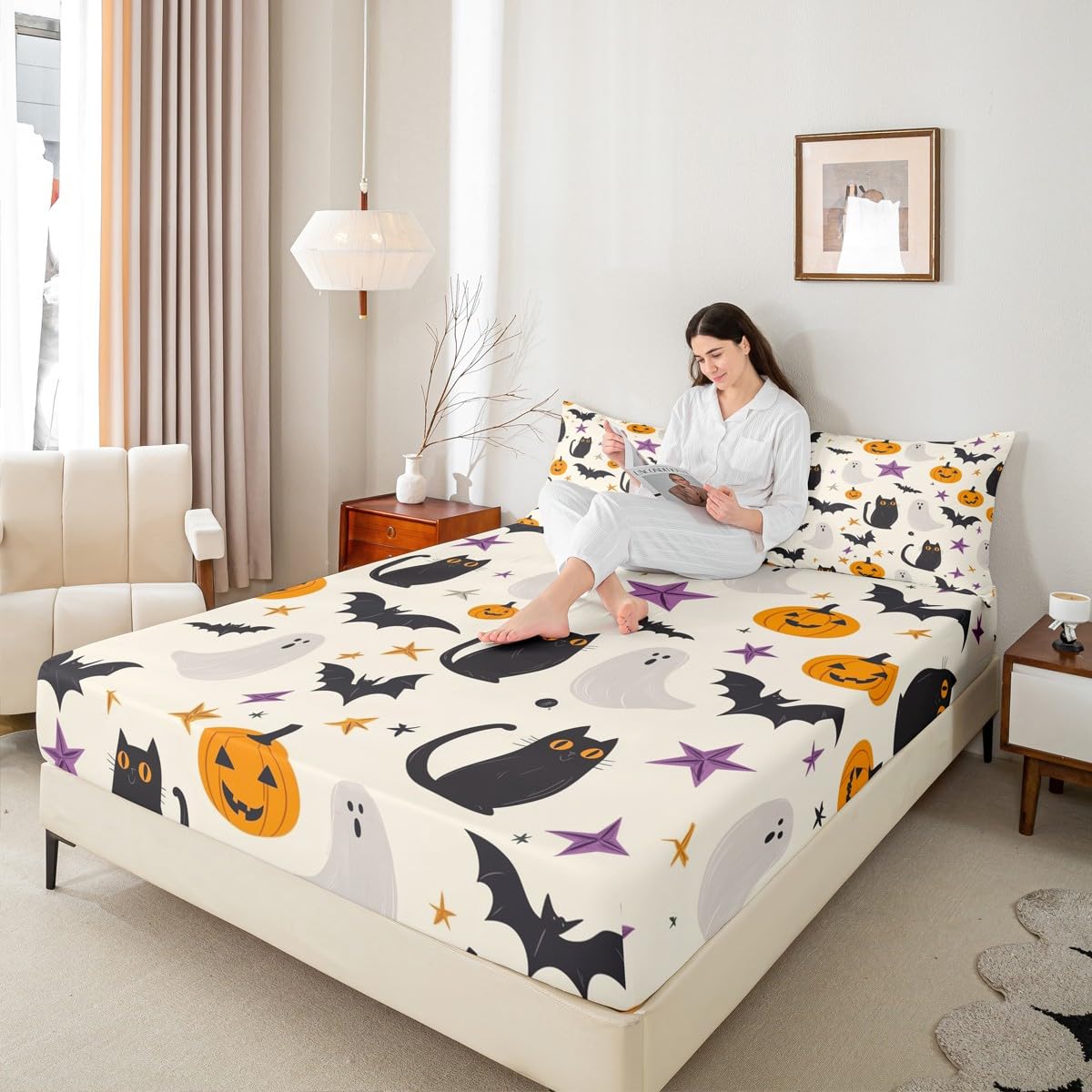 Feelyou Happy Halloween Bed Sheets Set Twin Size Cute Ghost Cat Bed Set Beige Black Orange Deep Pocket Fitted Sheet Pumpkin Lantern Bats Breathable Soft Lightweight Microfiber