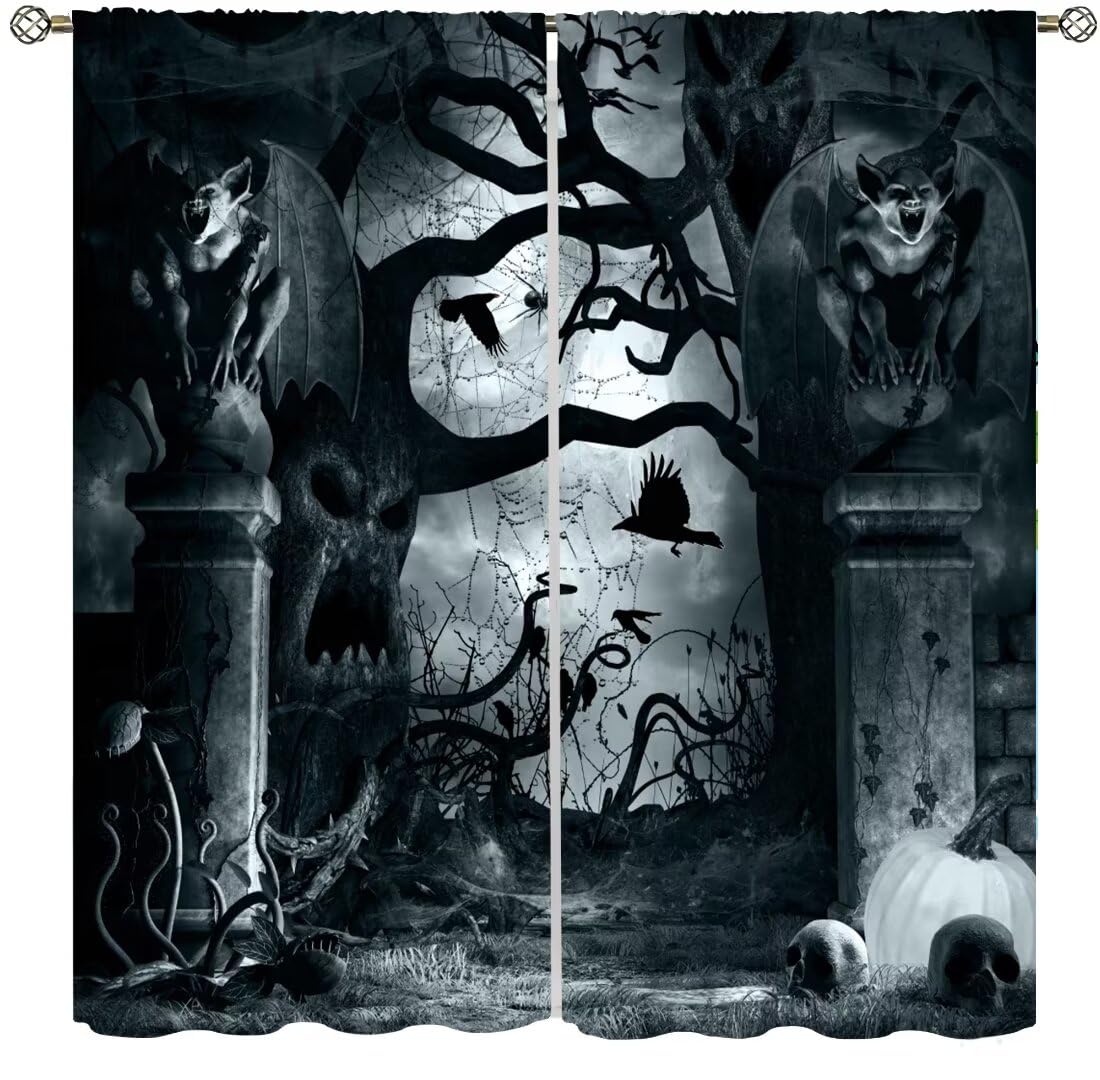 Gothic Curtains,Terror Themed Demon Skeleton Crow Dark Forest Window Treatments for Bedroom Living Room Kitchen Horror Halloween Window Drapes 2 Panel Set,Total Size 42 x 45 Inch