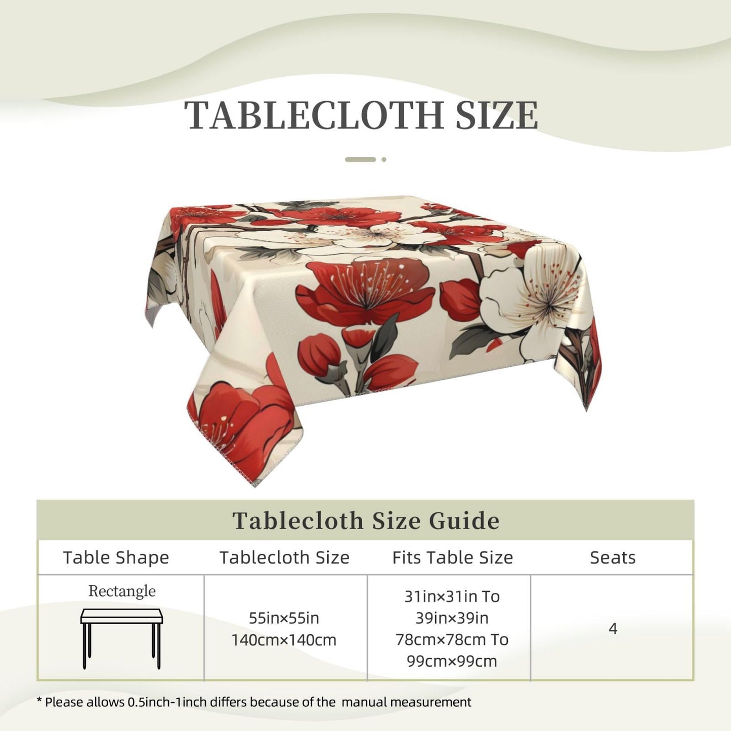 DXTKWL Table Cloth Japanese White Red Cherry Blossom Square Tablecloth 55x55 in Washable Stain Resistant Table Cover for Dining Parties Indoor Outdoor