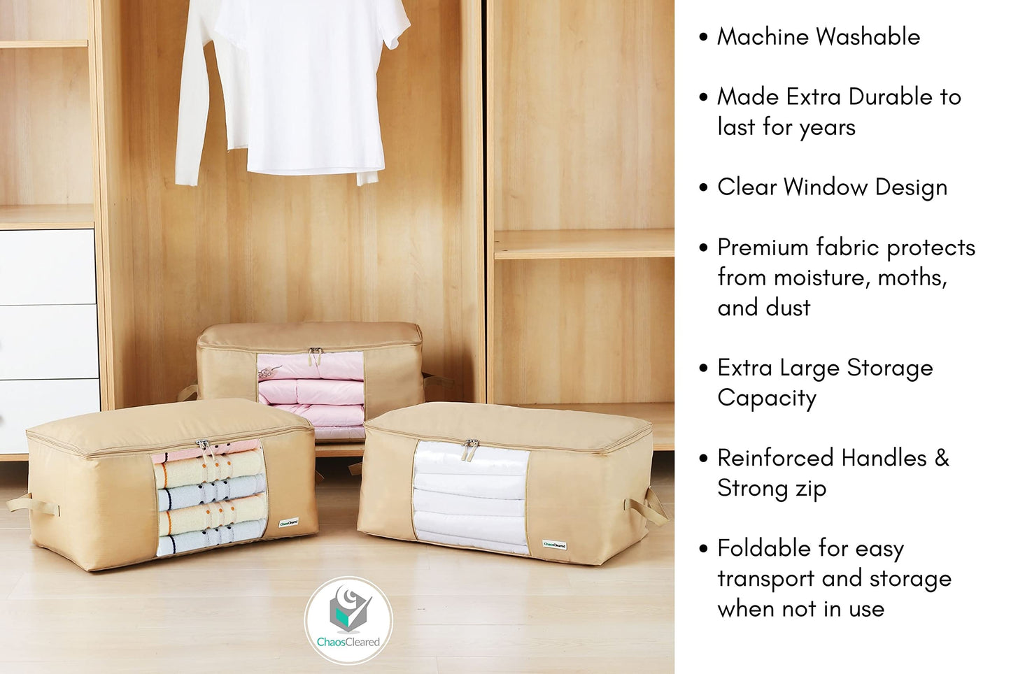 Comforter Storage Bag - Folding Organizer bag for King/Queen Comforters, Pillows, Blankets, Bedding/Quilt, Blanket, Duvet, Large Collapsible Organizers, 24"x14"x11" (Beige, 1-Pack)