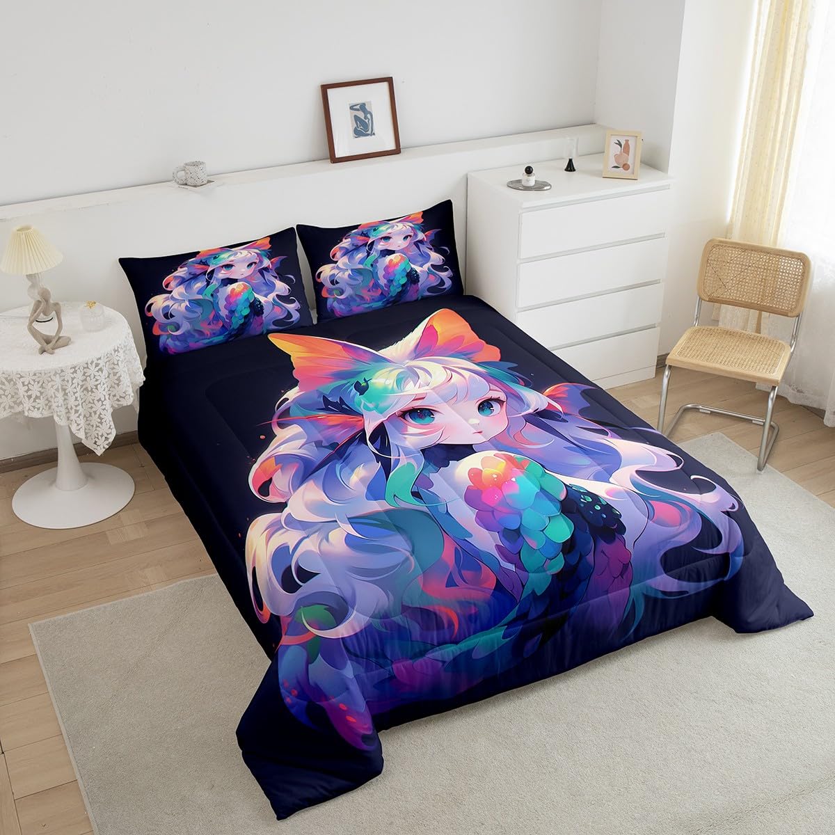 Erosebridal Anime Girl Bedding Comforters & Sets 3D Japanese Bedding Kawaii Girly Comforter Set, Anime Lovers Gifts Bedding Sets Warm Lightweight Duvet Set for All Season, Full 3Pcs