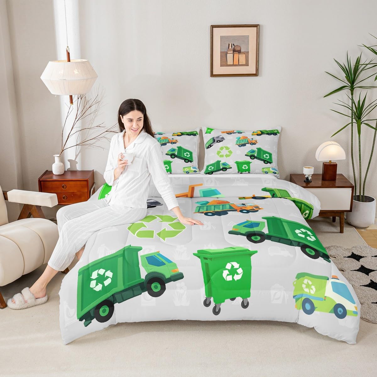 Feelyou Boys Green Garbage Truck Bedding Set - Cartoon Trash Truck Comforter Set for Kids Boys Girls Teens - Queen Size with 2 Pillow Case