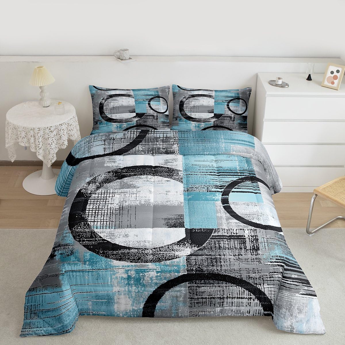 Feelyou Abstract Comforter Set Full Size Modern Abstract Art Bedding Set Geometric Duvet Quilt Luxury Bedroom Decor Blue 3 Pcs with 2 Pillow Cases