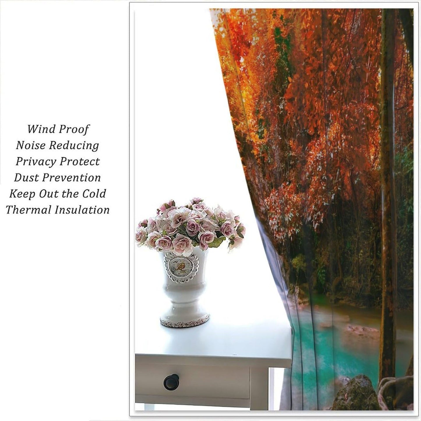 GoDazzling Autumn Forest Waterfall Blackout Curtains, Fall Leaves Trees Jungle Country Nature Landscape Window Drapes, for Bedroom Living Room 42" W X 45" L