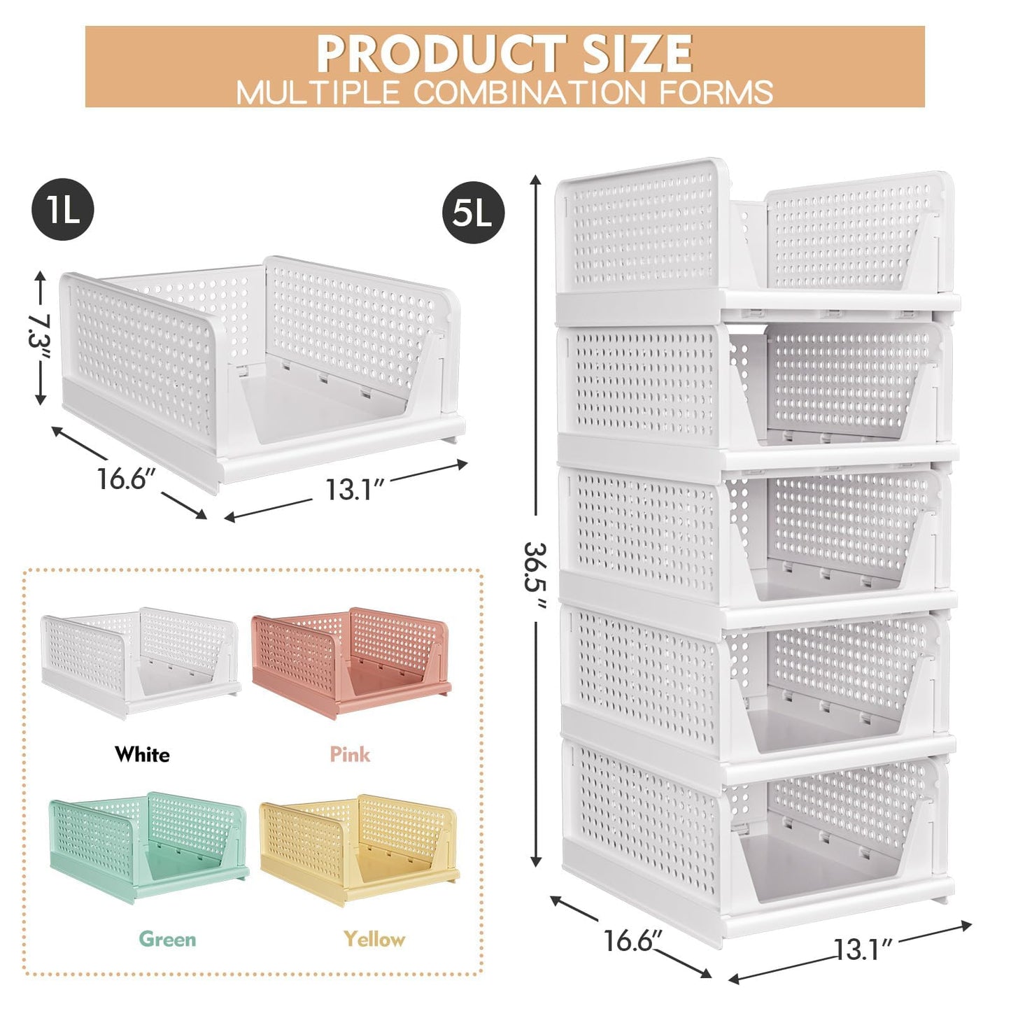 5 Pack Stackable Closet Storage Basket - Stackable Storage Bins, Multifunctional & Foldable Closet Organizer Waterproof, Wardrobe Cupboard Space-Saving Hat Storage Drawer Organizer, White