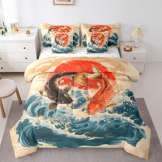 Erosebridal Oriental Koi Fish Queen Comforter Set,Japanese Ocean Wave Bedding Set 7 Piece for Kids Adults,Vintage Ukiyoe Style Bed Set with Fitted Sheet,Flat Sheet,Pillowcases,Throw Pillow Covers