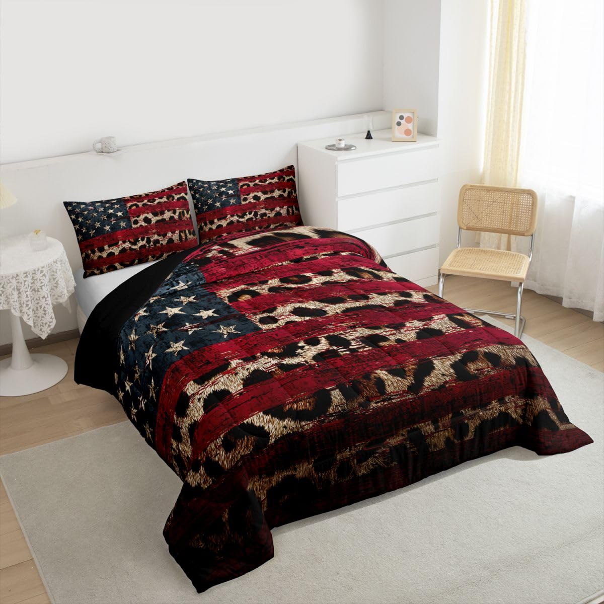 jejeloiu Leopard Print Bedding Set Soft for Boys Girls, American Flag Comforter Set Queen Size Cheetah Print Duvet Quilt Microfiber Modern Art Bedroom Decor 3 Pcs with 2 Pillow Cases
