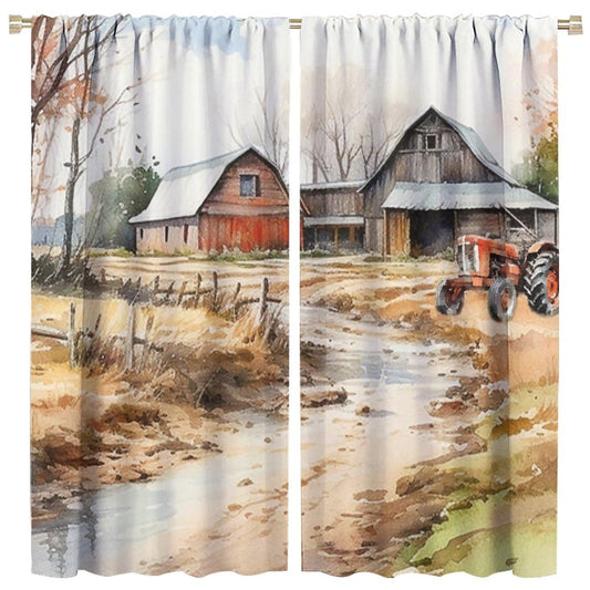 FBMLBRB Watercolor Vintage Farm Curtains,Rustic Old Wooden Boards Cabin Abstract Farmhouse Tractor Window Curtains Thermal Insulated Rod Pocket Blackout Curtains for Bedroom 2 Panels 45" L x 21" W