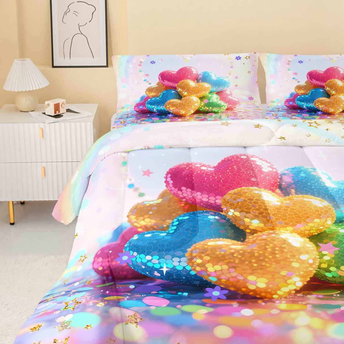 QOOMO Kawaii Heart Kids Comforter Set,Cute Rainbow Print Bedding Set Queen Size for Boys Girls Room Decoration,Pink Bed Set Microfiber Lightweight All Season,1 Comforter Set 2 Pillowcases