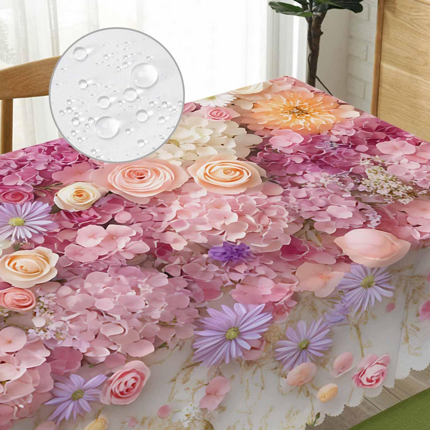 Beabes Rose Dinner Tablecloth Table Cover, Pink Wall Floral Roses Peonies Blossom 52x70 Inch Table Cloth Dust-Proof Table Cover Protector for Home Restaurant Picnic Camping BBQ