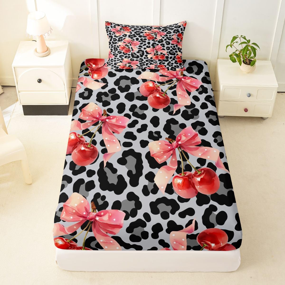 jejeloiu Grey Cherry Bow Fitted Sheet with 1 Pillowcase Twin Size Dreamy Princess Bowknot Bed Sheets Set 16" Deep Pocket Boys Girls Leopard Print Bowknot Bedding Teens Bedroom Decor Breathable