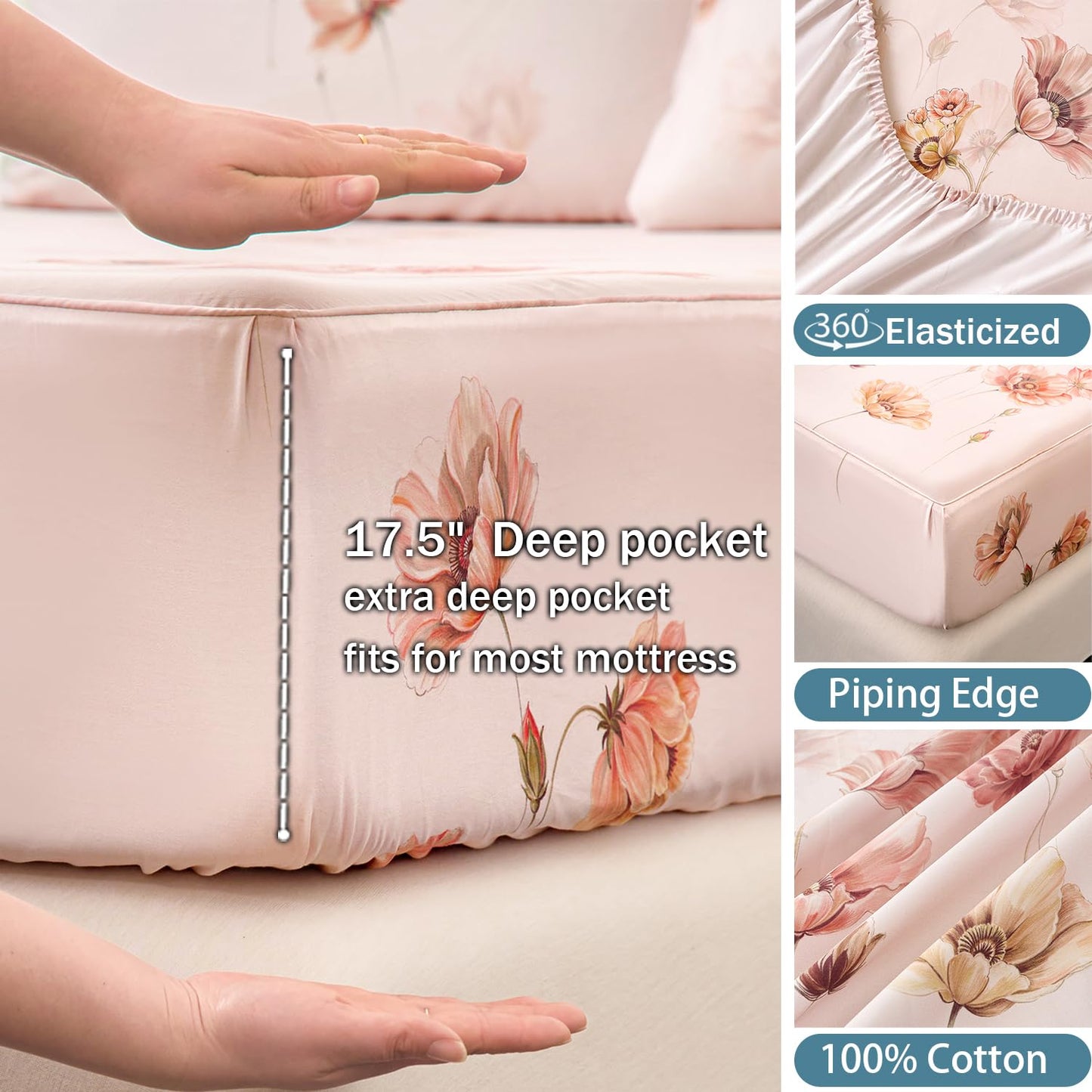 Huborise Blush Pink Floral Bed Sheets 100% Cotton Queen Size Sheet Set Satin Weave 4Pcs, Apricot Peach Flower Printed Bed Set with Deep Pocket 17.5", Soft Breathable & Crisp, Luxury French Country