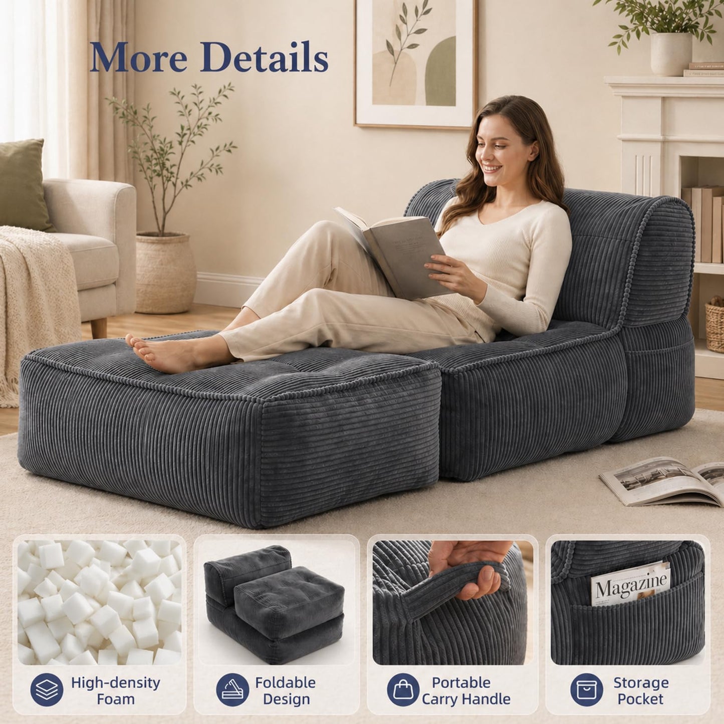 laapee Large Bean Bag Lounger Chair, Oversized Comfy Boneless Couch with High-Density Sponge, Foldable Floor Sofa for Adults, Living Room Bedroom Indoor,Gray