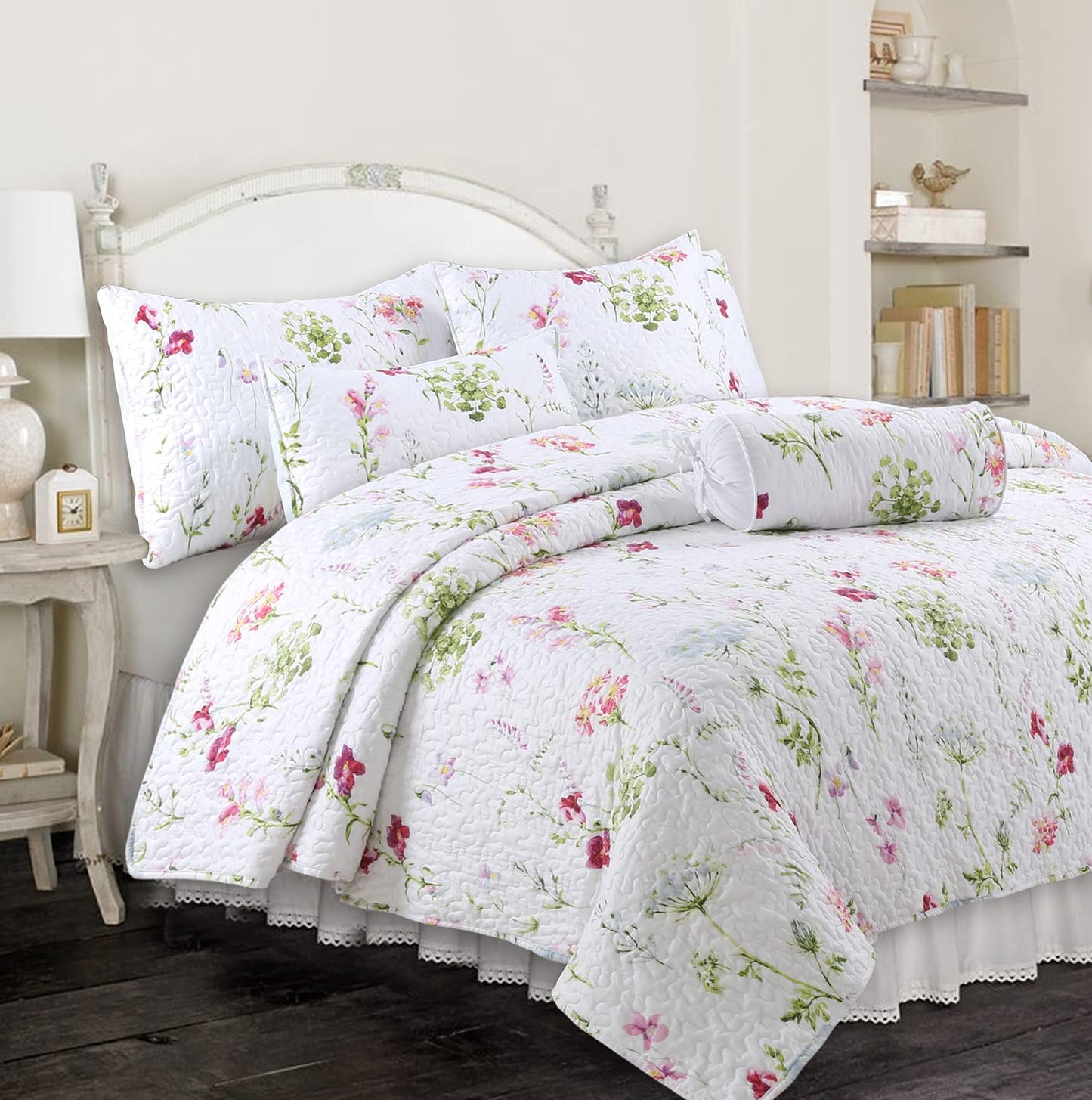 Cozy Line Home Fashions Light Pink Blue Flower Bloom Floral Garden Reversible Quilt Bedding Set, Coverlet Bedspread Lightweight for All Seasons (Carlotta, King - 3 Piece)