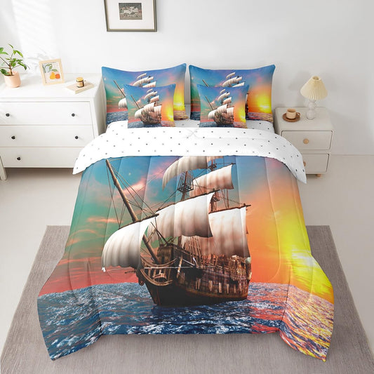 Erosebridal Sailboat 7 Piece Comforter Set Full Bed in a Bag,Pirate Ship Bedding Sets Sunset Ocean Decor Sheet Set with Comforter