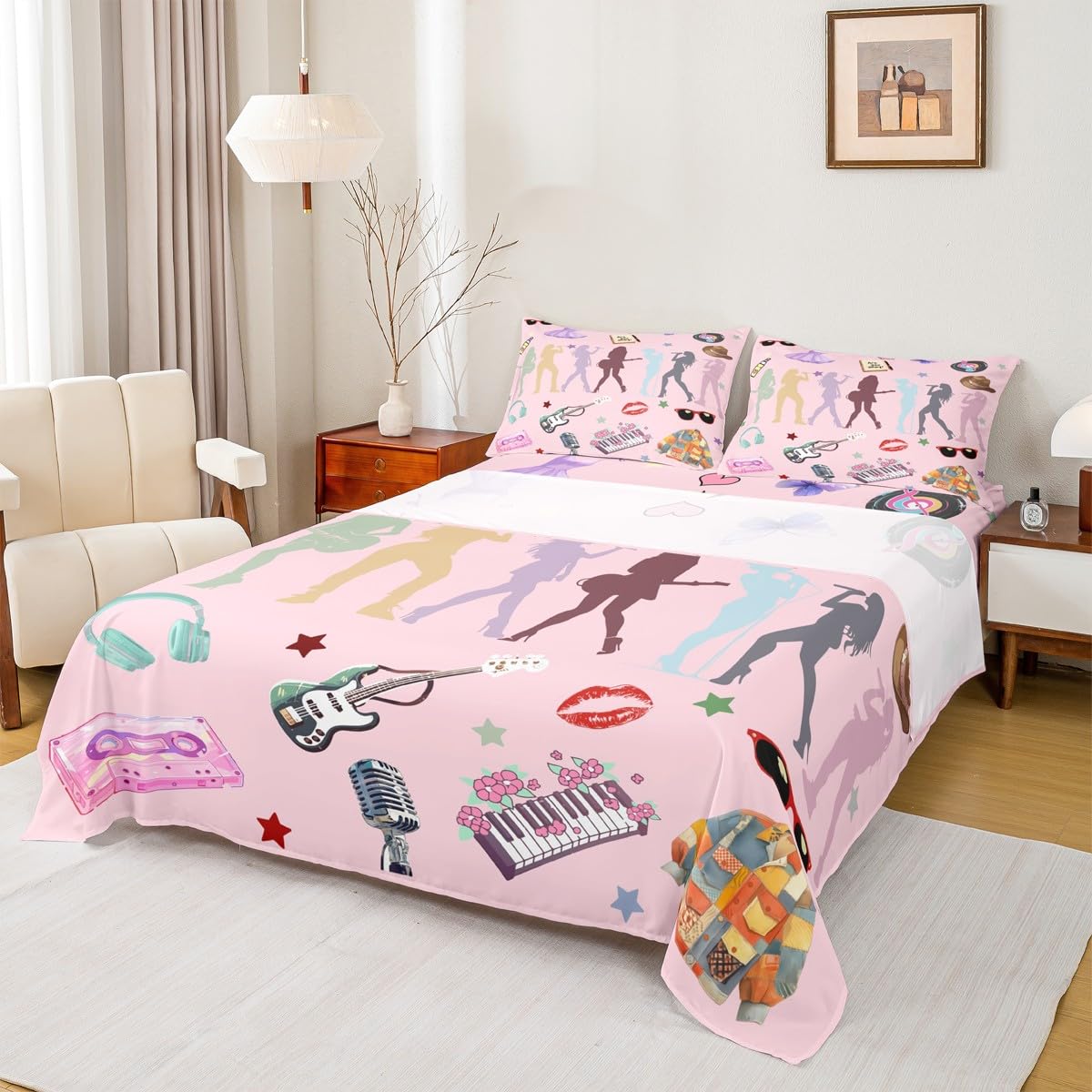 Erosebridal Pink Music Themed Bed Sheets King Girly Guitar Keyboard Sheet Set for Kids Boys Girls Disco Ball Snake Floral Sheets for Music Lovers Stylish and Modern Gifts Fitted Flat Sheets 4 Piece