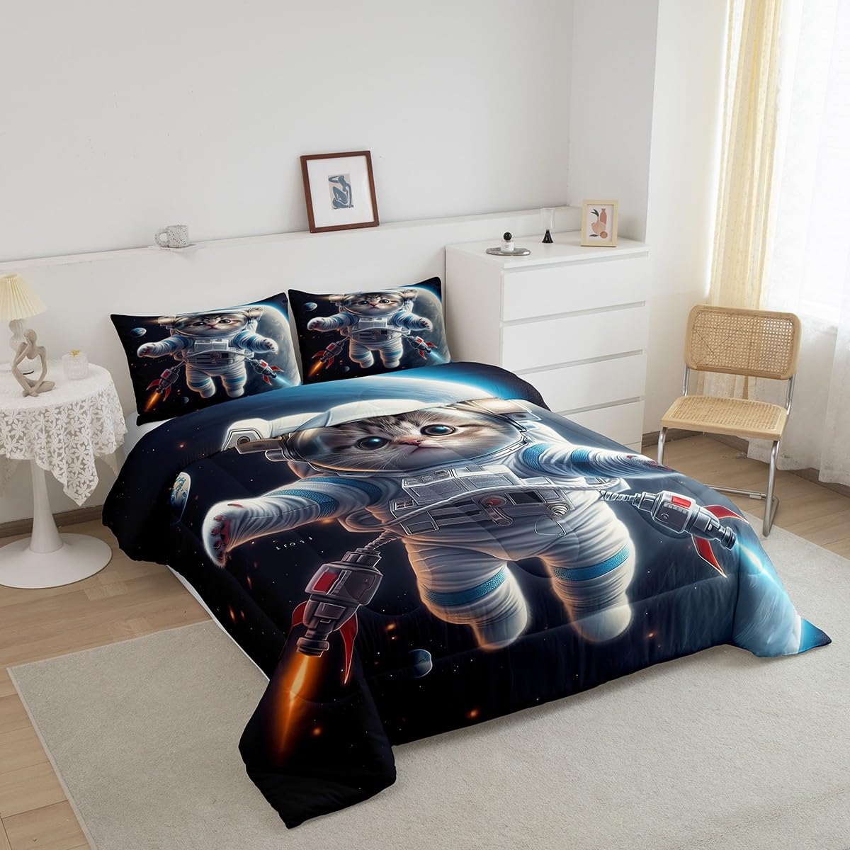 Erosebridal 3D Astronaut Cat Twin Bedding Sets for Girls Boys Kids Toddler,Outer Space Themed Cat Comforter Set Kawaii Room Decor,Rocket Ship Planet Bedding Set Universe Galaxy Quilt Bed Set 2Pcs
