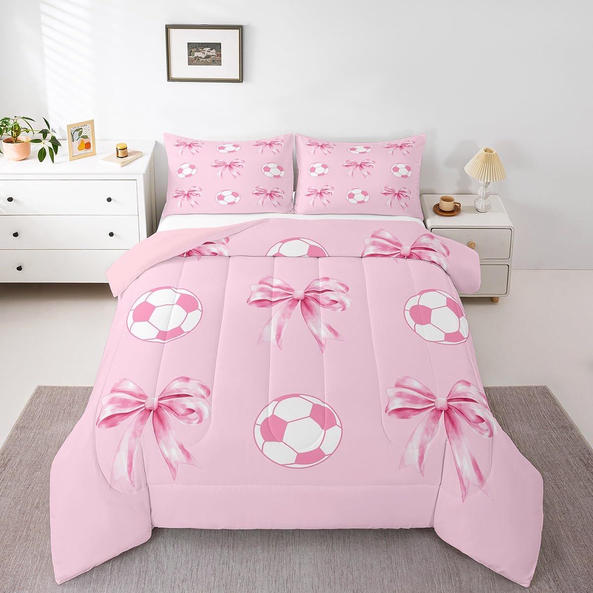 Football Pink Comforter Sets Full Size,Girly Soccer Bow Bedding Sets,Cute Bowknot Princess Style Quilted Duvet for Kids Teens Girls Woman Room Decor,Sport Lover Duvet Insert,2 Pillowcases