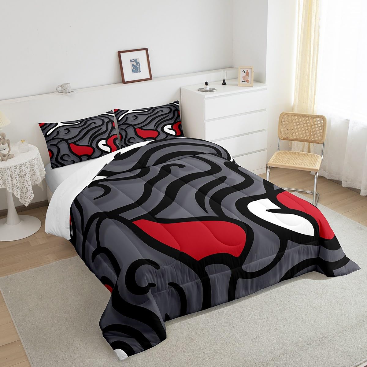 Feelyou Black Red Swirl Comforter Set Kids Abstract Comforter for Women Men Gray Trippy Geometric Bedding Set Breathable Quilted Room Decor Duvet Set Queen Size