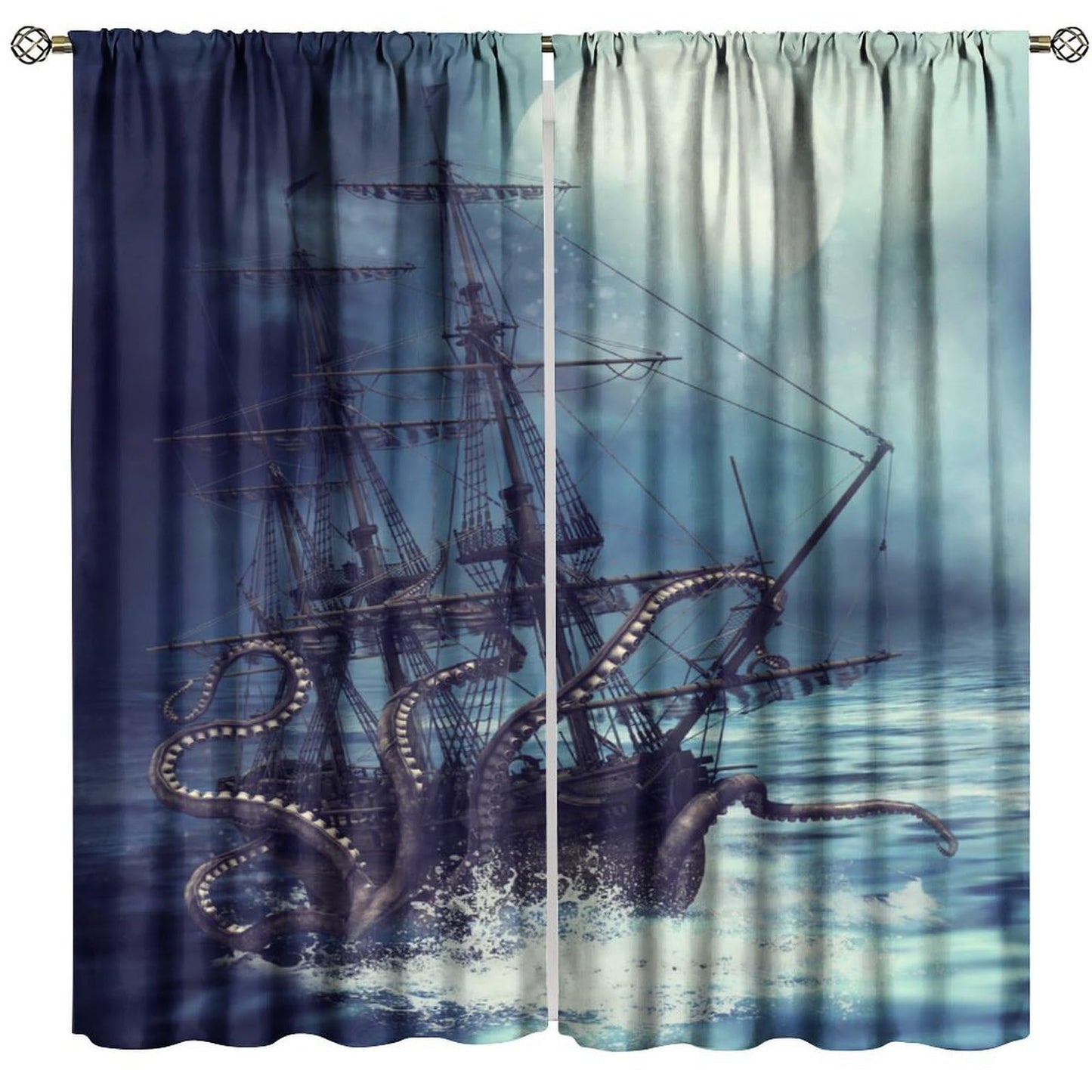 Navy Ocean Curtains, Nautical Sailing Ship Window Drapes for Bedroom Living Room Kitchen, Coastal Beach House Decor, Storm Octopus Theme, 20.5" W x 44.5" L, 2 Panels （No Blackout）