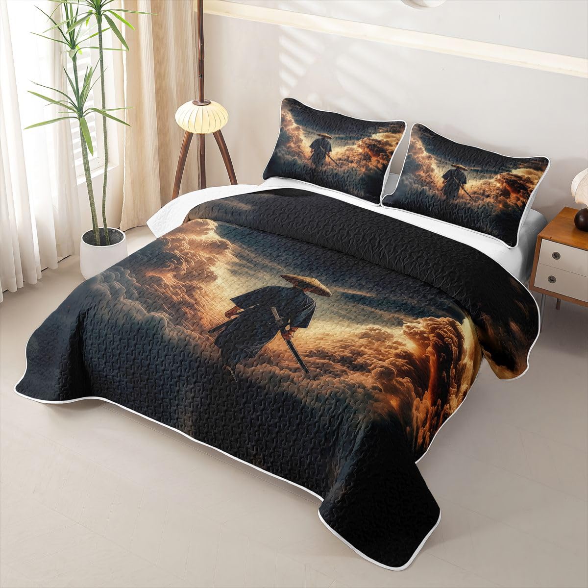 Erosebridal Japanese Bushido Quilts Twin Size - Samurai Bedspread Coverlet Set, Vintage Japanese Style Quilt Coverlets 2Pcs (Only 1 Pillowcase)