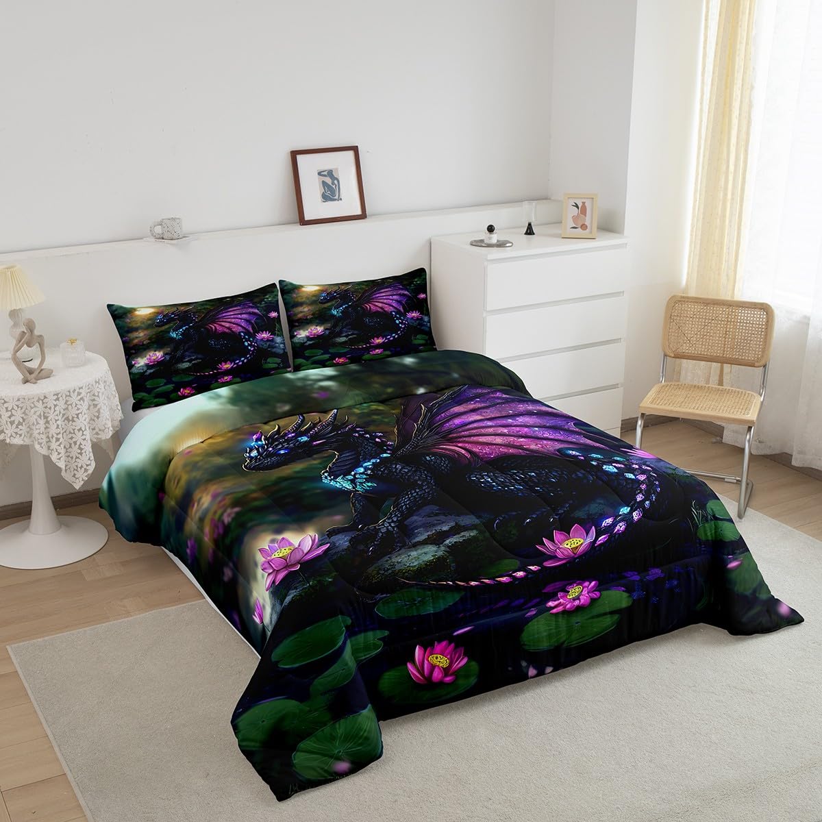 Feelyou Dragon Comforter Set Twin Size Dragon Stuff Comforter for Boys Girls Teens Wild Life Bedding Set Lotus Flower Duvet Set Room Decor Green Purple Quilt Set