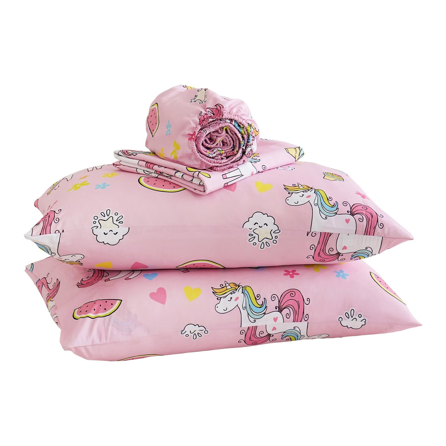 Yibeizi Pink Unicorn Sheet Set for Girls Twin, Kids Rainbow Sweet Print Bedsheets Microfiber Deep Pocket Cute Patterned Bed Sheet & Pillowcase Sets 3 Pieces