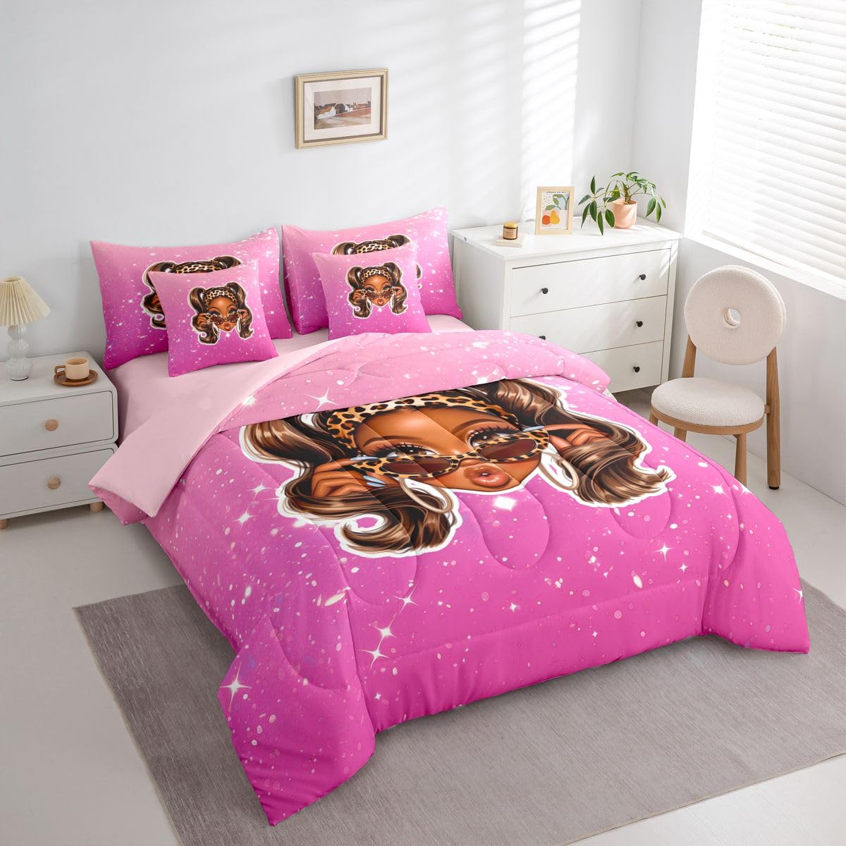 Erosebridal Cute Black Girl Twin Size Bedding Set Cool Y2K Girl 7 Pieces Comforter Set with Sheets for Teens Women Fashion Leopard Print Bed in a Bag Girly Sparkling Decor Bed Sets