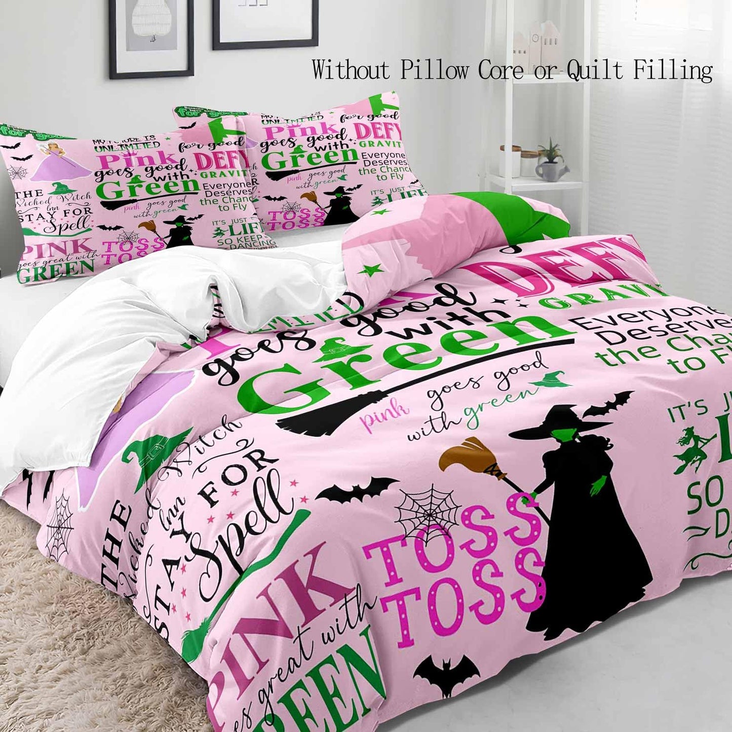 LUVIVIHOME 3PCS Wicked Witch Duvet Cover Queen Bedding Sets, Kids Teens Girls Bedding, Halloween Magic Witch Hat Broom Bat Green and Light Pink Comforter Cover, Witchy Gifts for Women, 2 Pillow Cases