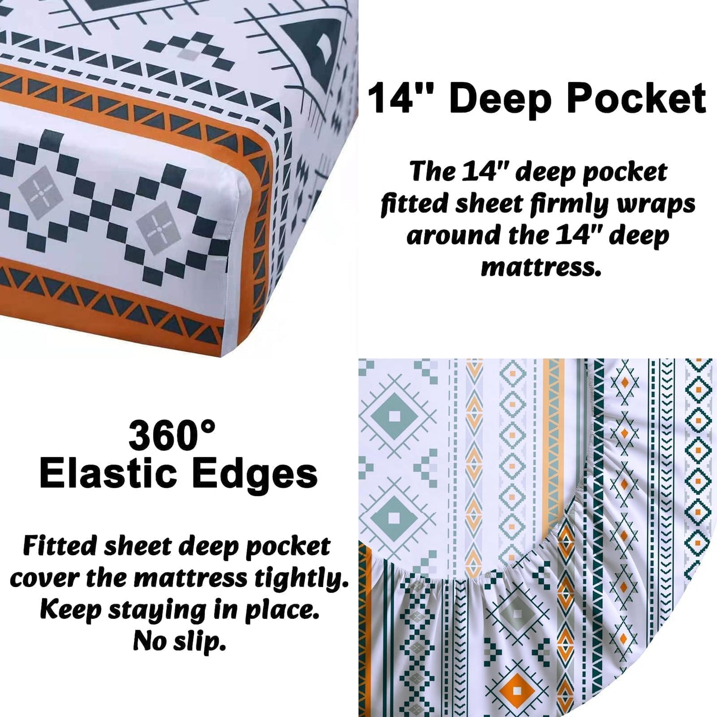 MAG 3 Pieces Colorful Boho Bed Sheet Full Size,Burnt Orange Fitted Sheets Full Printed,with 1 Fitted Sheet with 2 Pillowcases,14 Inches Deep