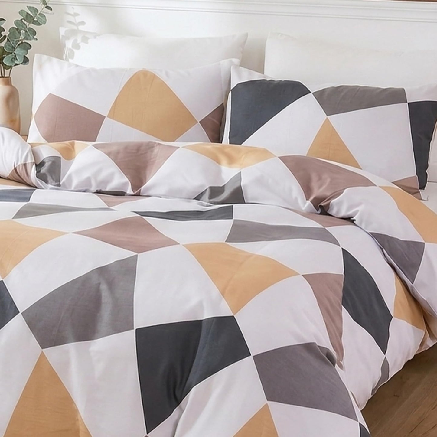 Cozaline 100% Cotton Duvet Cover Set King – Yellow Grey Nordic Triangle Bedding Set 3 Pieces, Light Reversible Comforter Cover with Zipper Closure, Minimalist Geometric Abstract Bed Set