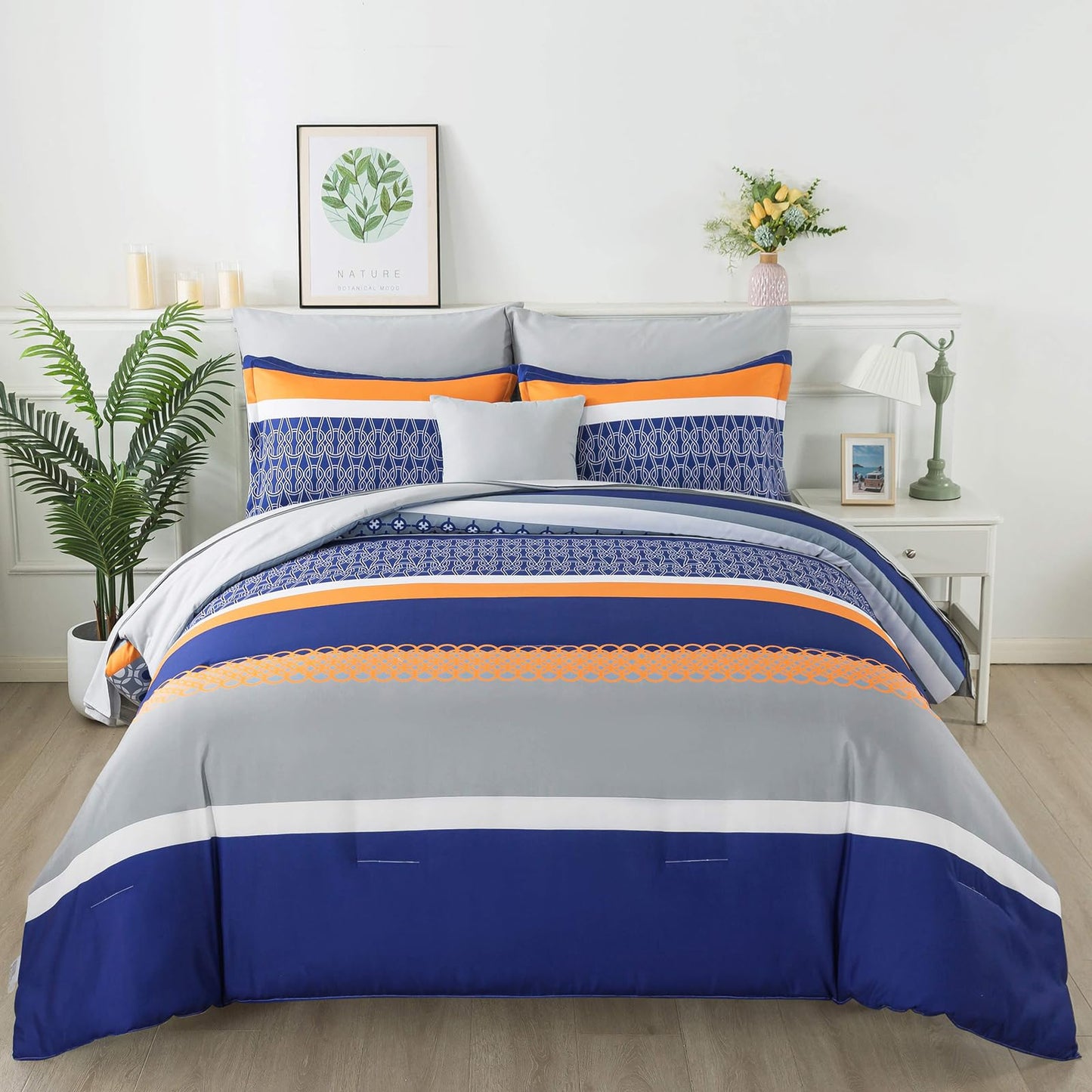8 Pieces Bed in a Bag Stripe Comforter Set Queen Size,Blue Patchwork Striped Comforter with Sheets Set Soft Microfiber Boho Bedding Sets (Blue,Grey)