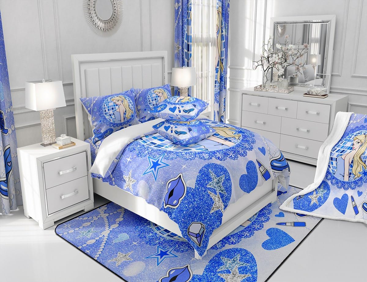 Princess Girly Kids Comforter Set Queen Size,Bowknot High-heeled Shoes Lip Dreamy Bedding Set,Girls Women Room Decor,Glitter Sequin Star Diamond Down Comforter,Blue Noble Duvet Insert,2 Pillowcases