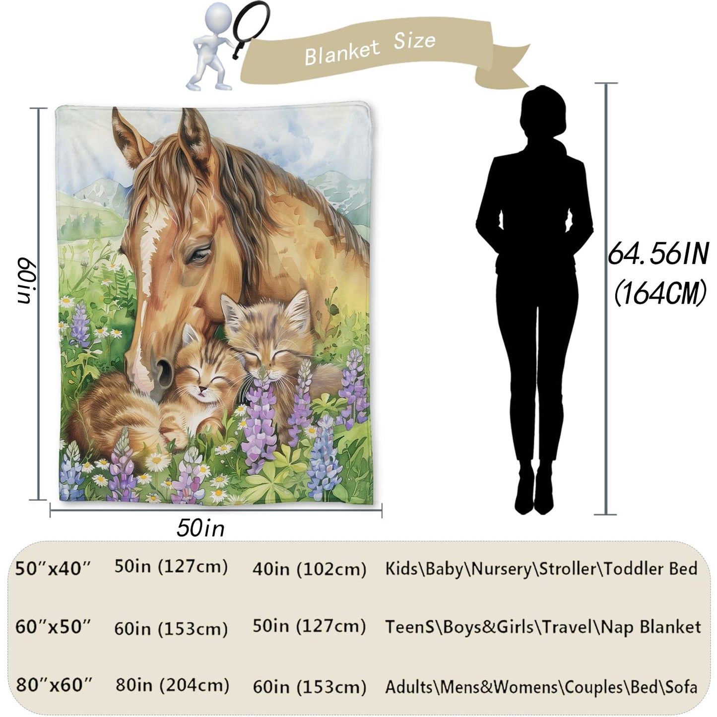 Ti Caldi Tranquil Horse and Cats in Meadow Blanket Soft Flannel Throw - Cozy, Lightweight & Fluffy - Perfect for Couch, Bed, Travel - Charming Home Decor for Indoor & Outdoor Use 60"x50"