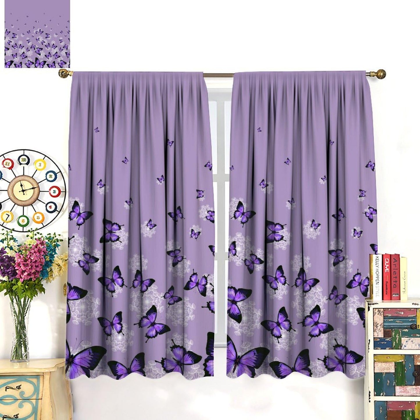 Butterfly Curtains for Girls Bedroom Decor Purple Art Printed Blackout Window Drapes for Living Room Kitchen Decor Fabric Set 2 Panel 42x45 Inch 30% Shading Rate