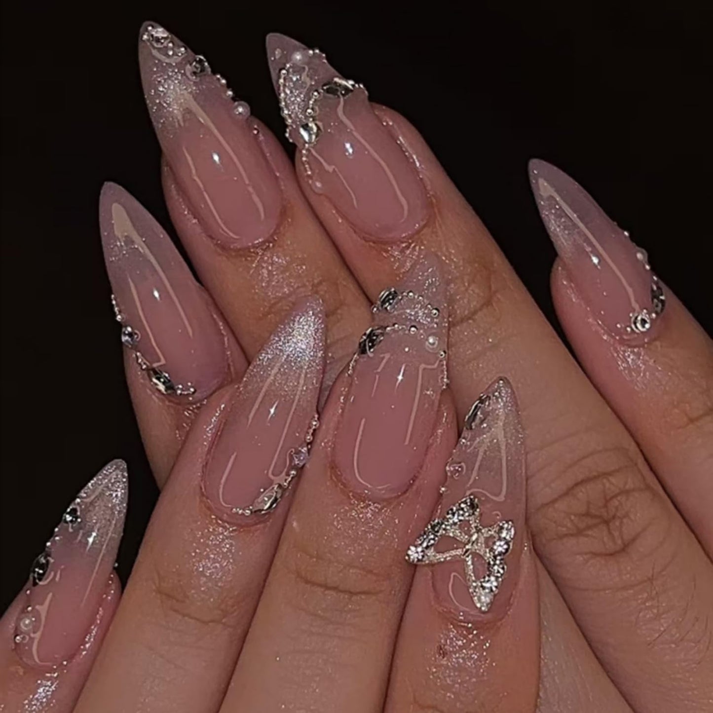 Medium Press on Nails Almond Fake Nails Ombre French Tip Artificial Nail Cute with Butterfly Designs Stick on Nail for Women 24pcs